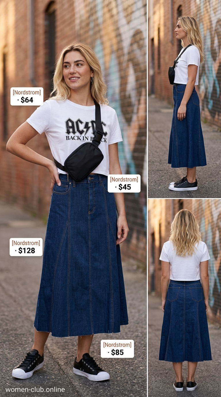 Flattering tall women summer outfits 2026: Denim midi skirt, graphic tee, sneakers. Sporty chic casual style.