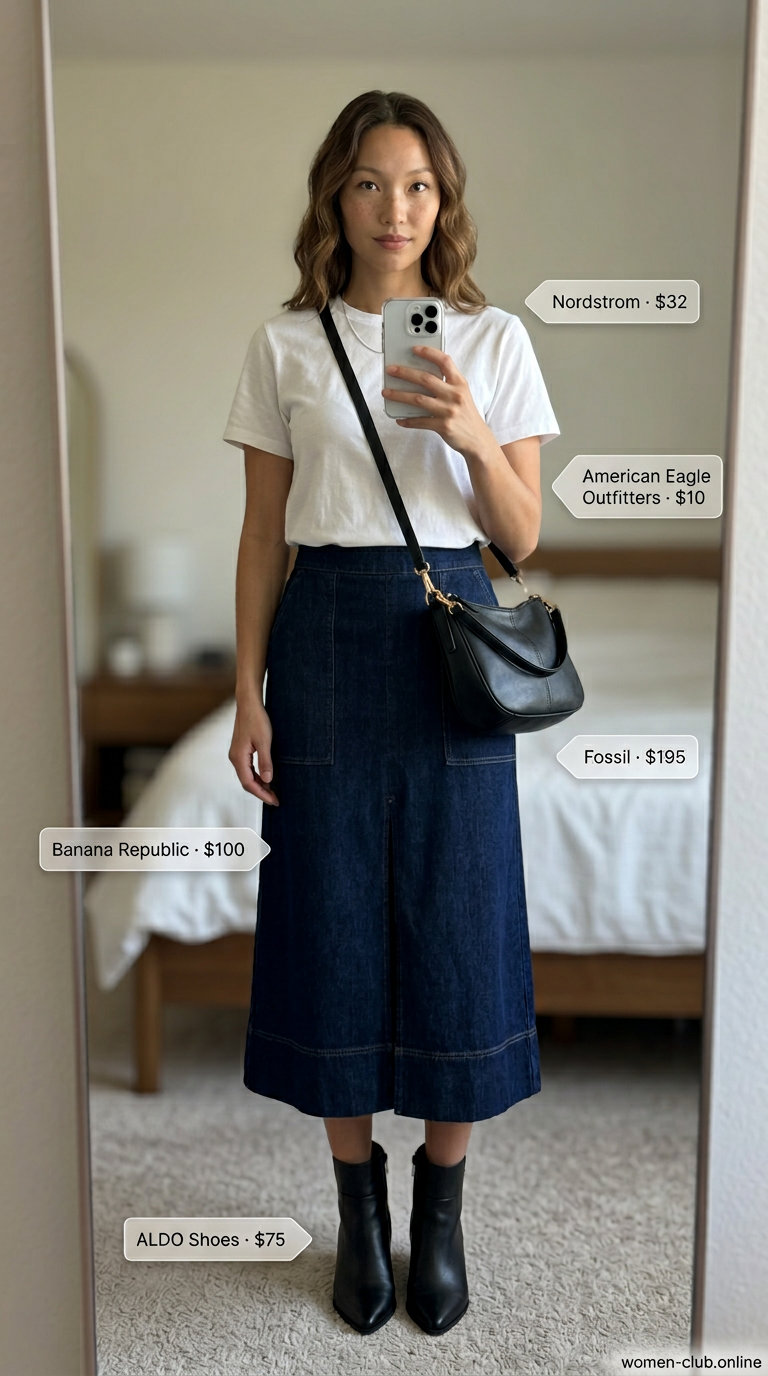 Flattering tall women summer outfits 2026: Dark wash denim midi skirt, white tee, black boots. Classic polished look.