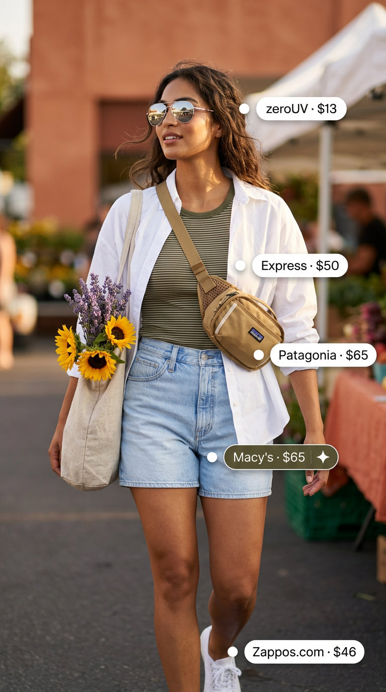 Flattering tall women summer outfits 2026: Denim shorts with oversized white shirt, white sneakers and canvas bag for casual weekend.