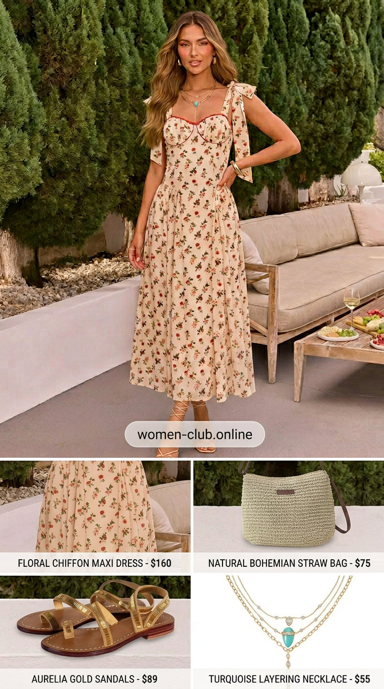Flattering tall women summer outfits 2026: Floral maxi dress, flat sandals, straw bag. Romantic boho festival look.