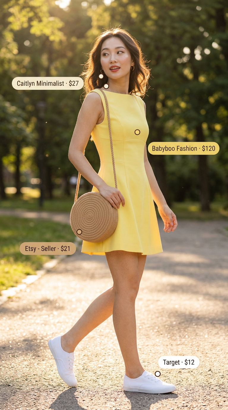 Flattering tall women summer outfits 2026: Lemon yellow mini dress with white sneakers and straw bag.