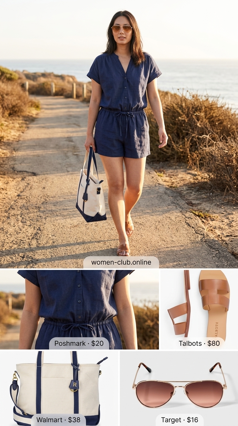Flattering tall women summer outfits 2026: Navy linen romper, tan slides, canvas tote. Effortless chic for casual days.