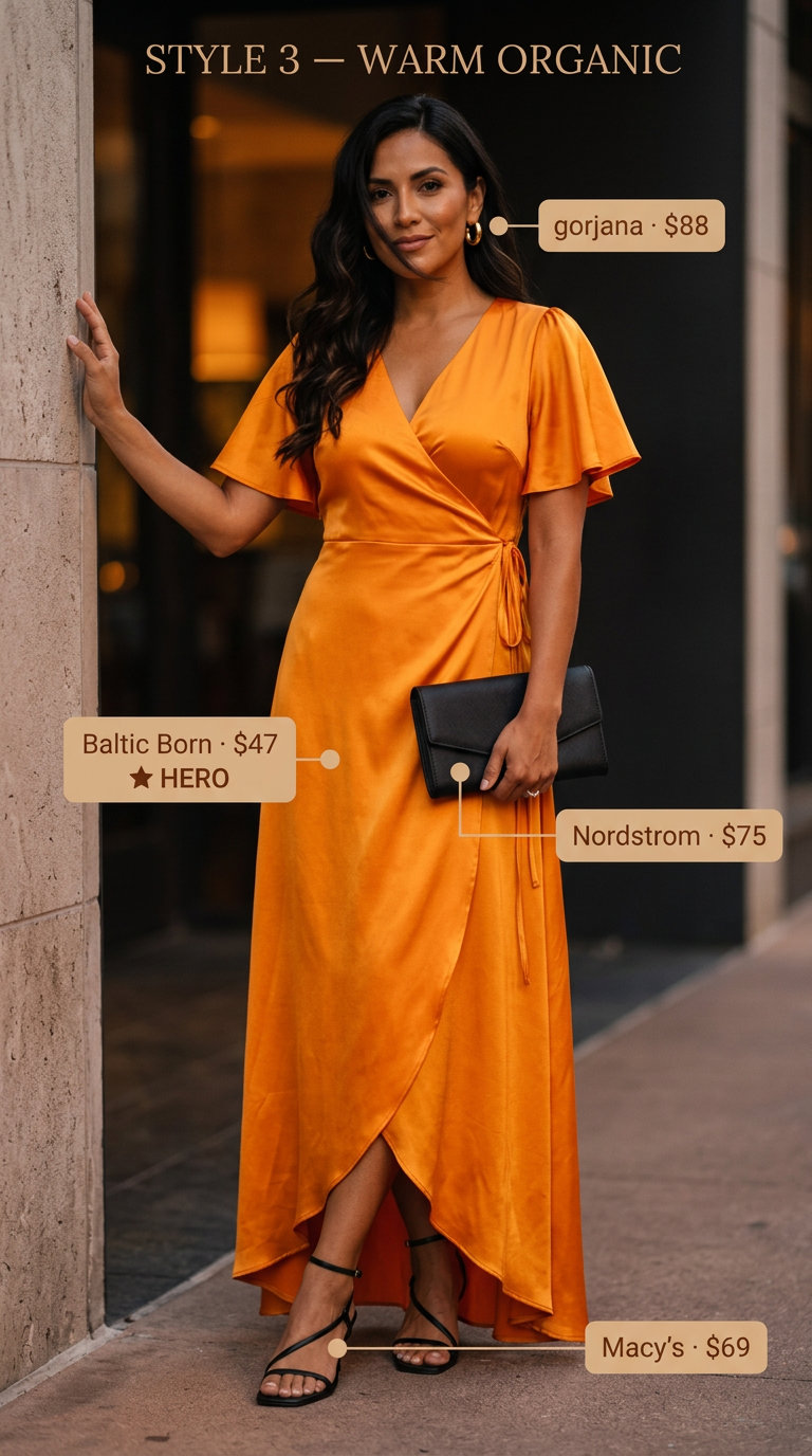 Flattering tall women summer outfits 2026: Mango orange wrap maxi dress with black heels and gold earrings for bohemian vibes.
