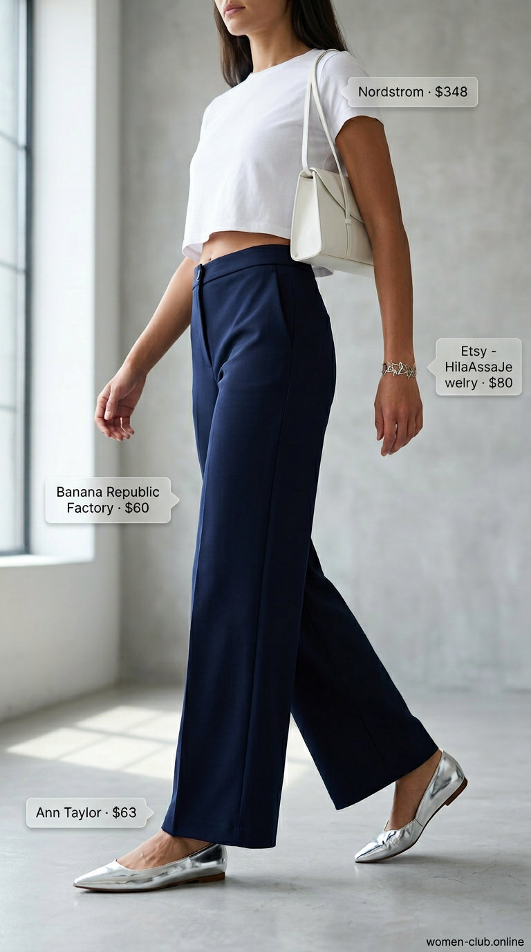 Flattering tall women summer outfits 2026: Navy blue wide-leg set with white shoulder bag and silver flats for smart casual.