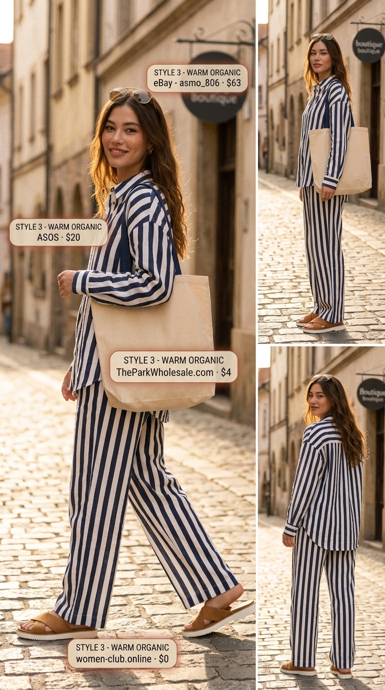 Flattering tall women summer outfits 2026: Navy stripe linen shirt and shorts set with tan slides and tote.