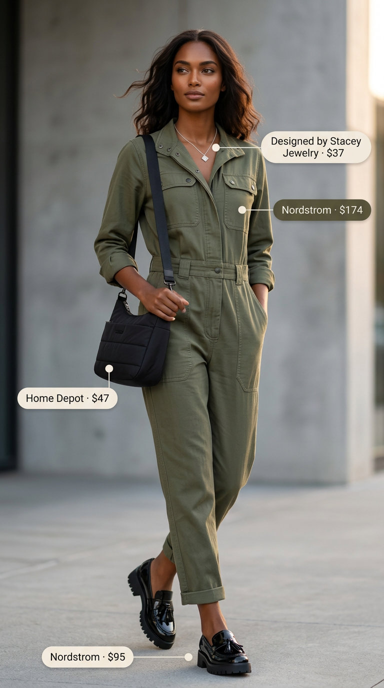 Flattering tall women summer outfits 2026: Olive green utility jumpsuit with black loafers and silver necklace for edgy style.
