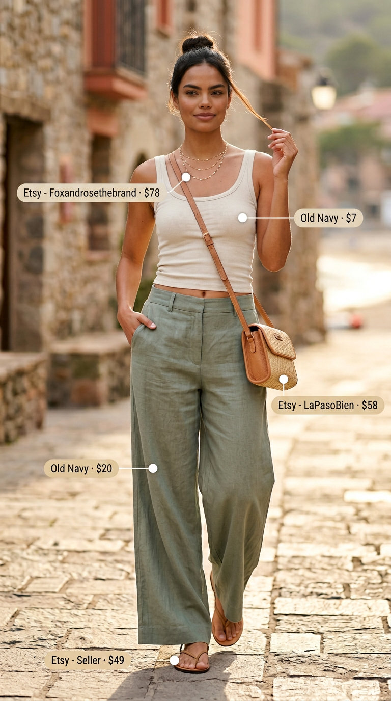 Flattering tall women summer outfits 2026: Sage green linen wide-leg pants with cream tank top and tan sandals for coastal vibes.