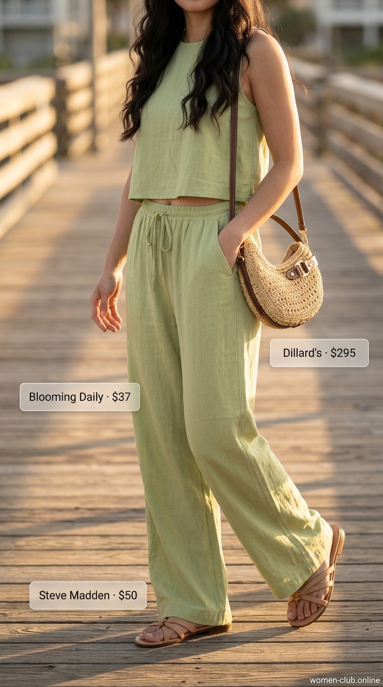 Flattering tall women summer outfits 2026: Sage green wide-leg linen pants with cream tank and tan strappy sandals.