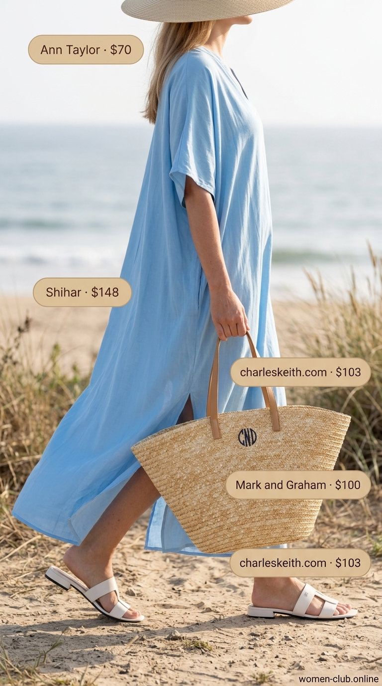 Flattering tall women summer outfits 2026: Sky blue caftan maxi dress with straw hat and white slides.