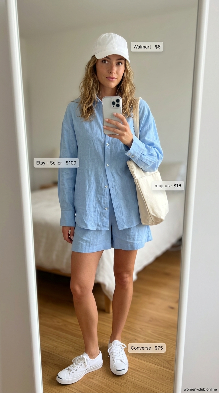 Flattering tall women summer outfits 2026: Sky blue linen shirt and shorts set with white sneakers and cap.