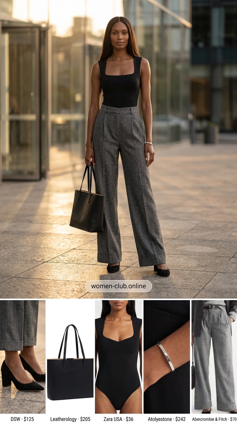 Flattering tall women summer outfits 2026: Charcoal trousers, black bodysuit, block heels. Sophisticated workwear.