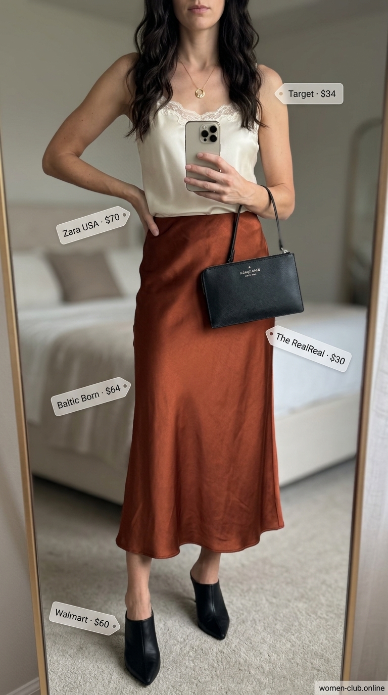 Flattering tall women summer outfits 2026: Terracotta slip skirt with cream camisole, black mules and gold necklace for evening.