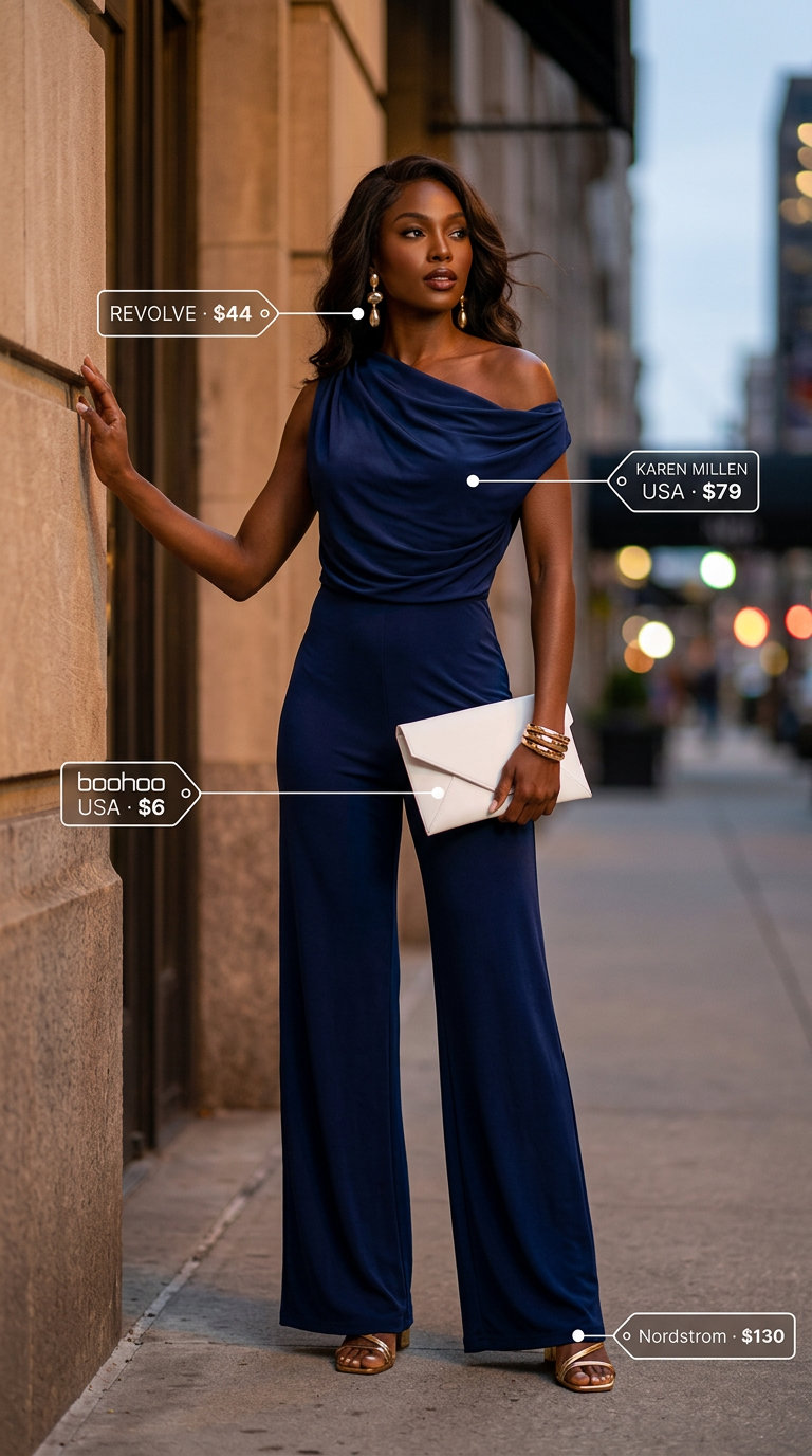 Flattering tall women summer outfits 2026: Navy wide-leg jumpsuit, gold heels, statement earrings. Chic party look.