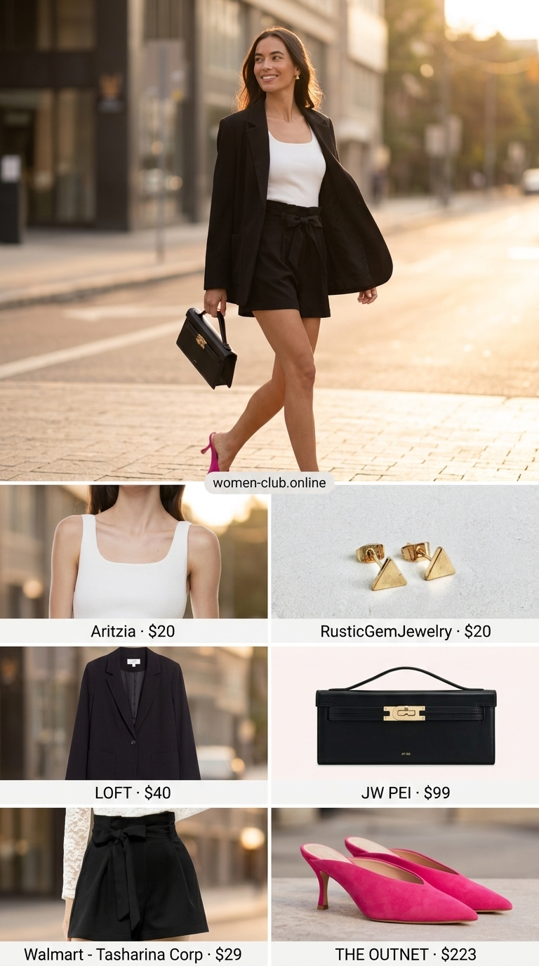 Flowy short outfits summer for women 2026: Black paperbag shorts, white knit top, oversized blazer, hot pink heels.