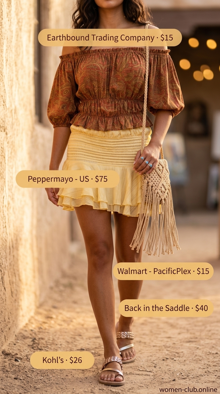 Flowy short outfits summer for women 2026: Saffron crinkle shorts, rust peasant blouse, macrame bag, turquoise rings.