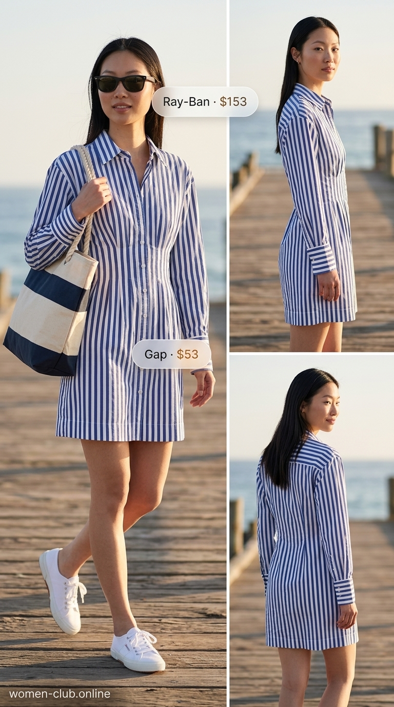 Flowy short outfits summer for women 2026: Striped shirtdress worn as a short outfit, white sneakers, tote bag.