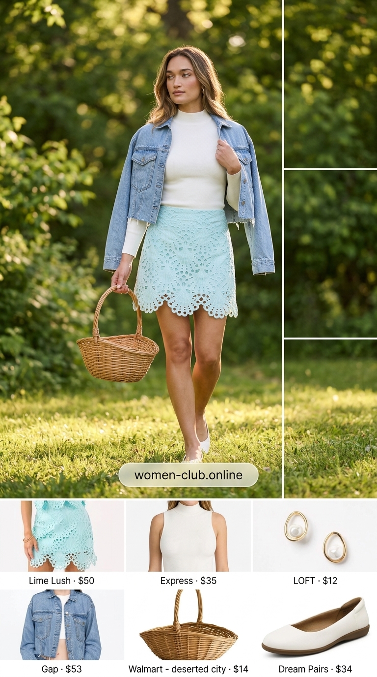Flowy short outfits summer for women 2026: Pastel blue eyelet skirt, white knit top, denim jacket, ballet flats.