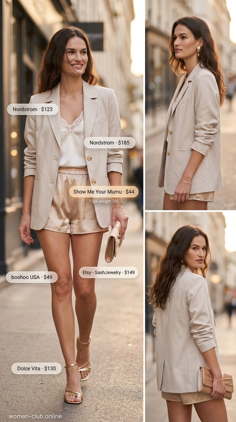 Flowy short outfits summer for women 2026: Champagne shorts, blazer, block heels for resort dinner.