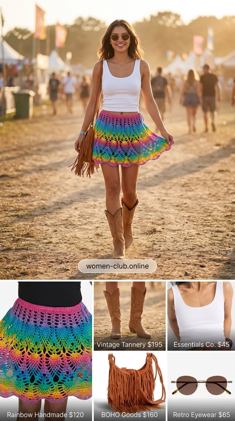 Flowy short outfits summer for women 2026: Crochet skirt, crop top, cowboy boots for festival.