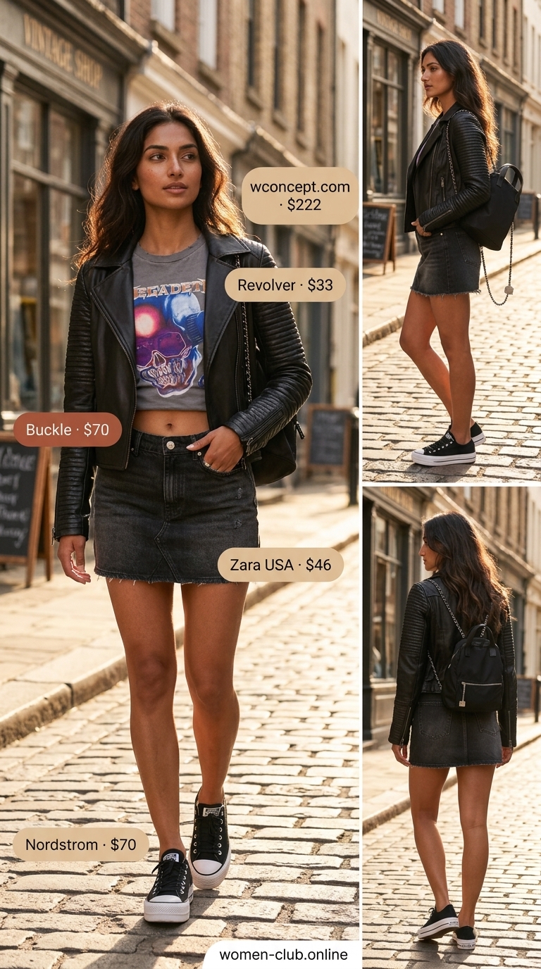 Flowy short outfits summer for women 2026: Black denim shorts, band tee, faux leather jacket.