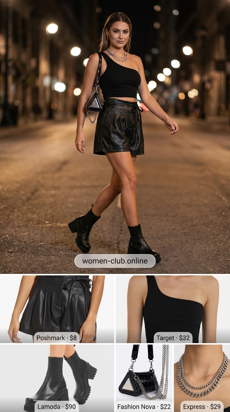 Edgy Summer Night Out: Black flowy short outfits summer for women 2026. Paperbag shorts, crop top, platform boots.