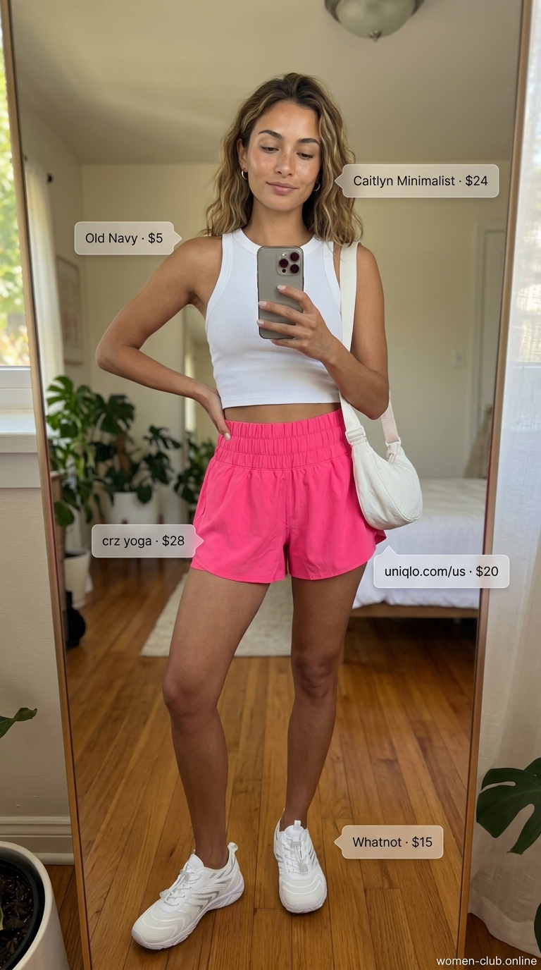 Flowy short outfits summer for women 2026: Pink running shorts, crop top, sneakers for active day.