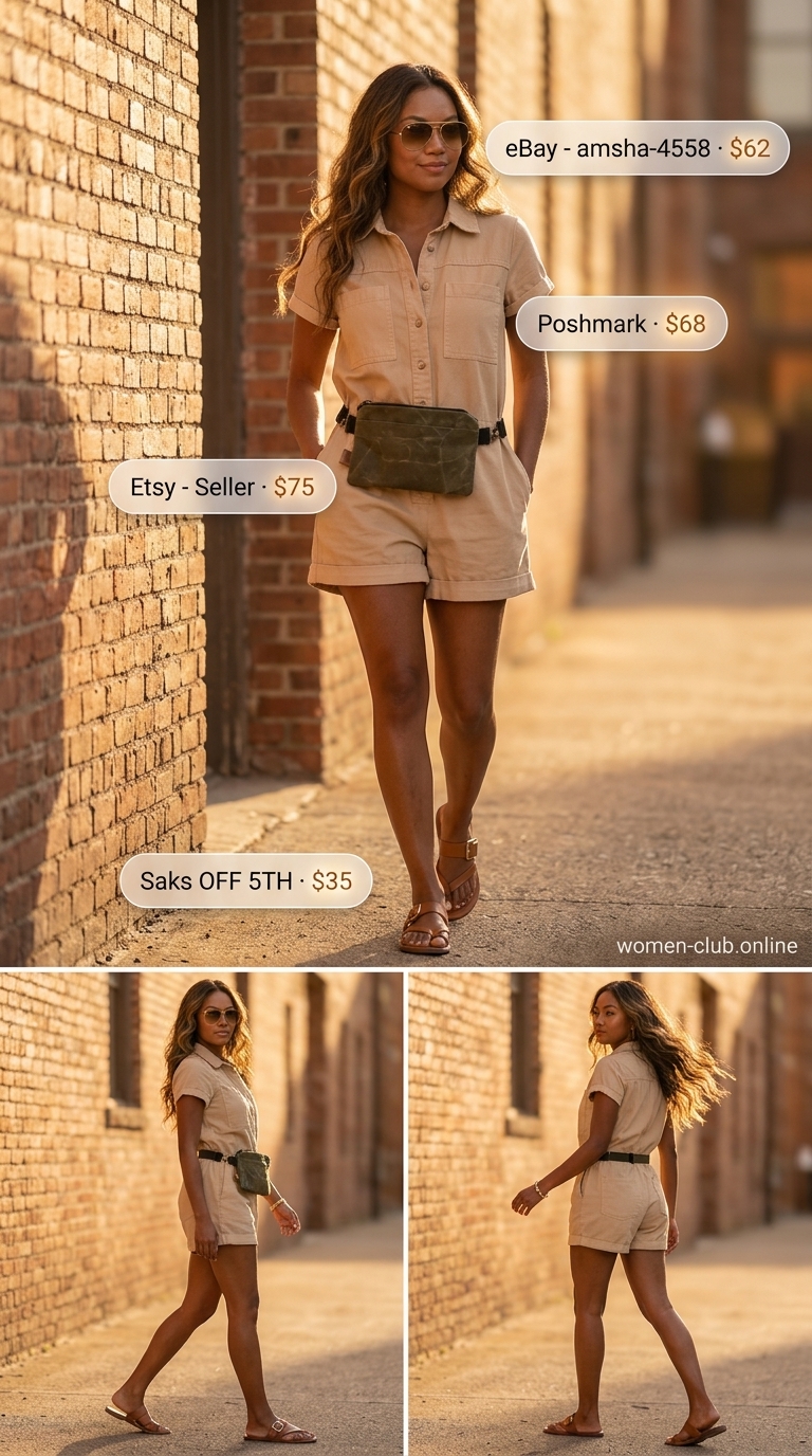Safari Adventure Romper: Flowy short outfits summer for women 2026. Utility romper, belt bag, aviator sunglasses.
