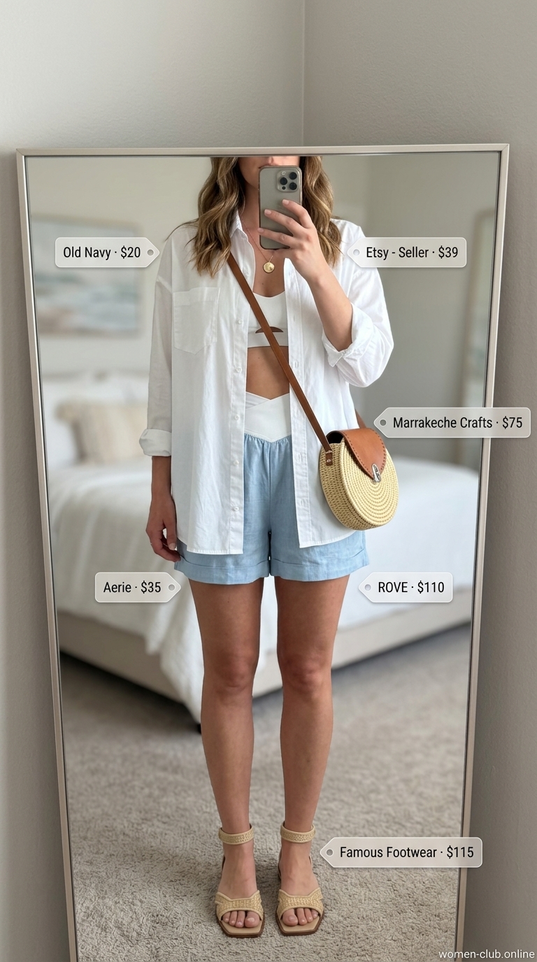 Flowy short outfits summer for women 2026: Sky blue shorts, oversized shirt, flat sandals for beach.