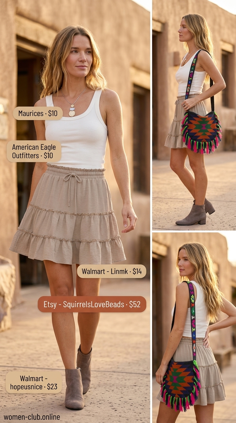 Sunset Desert Wanderer: Terracotta flowy short outfits summer for women 2026. Tiered skirt, knit tank, suede boots.