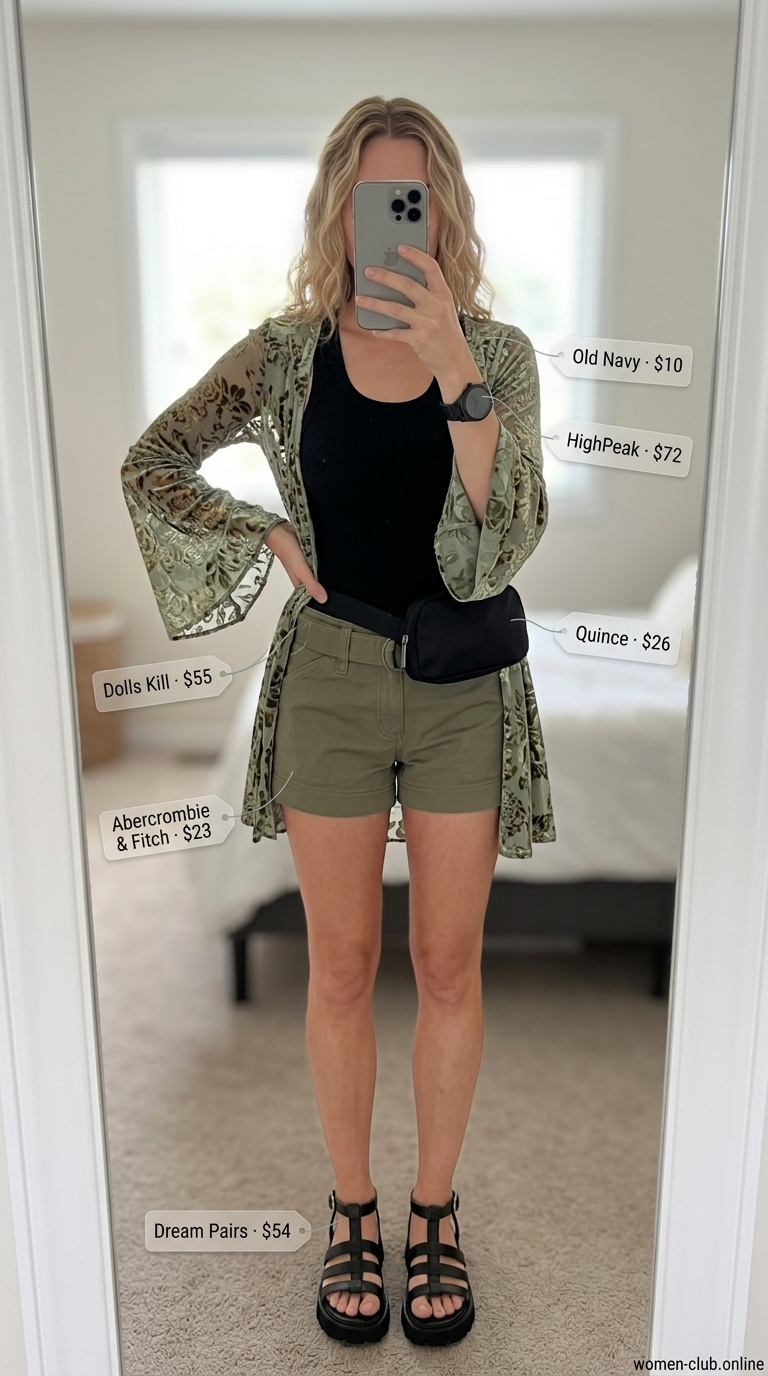 Flowy short outfits summer for women 2026: Utility shorts, tank top, platform sandals for city.