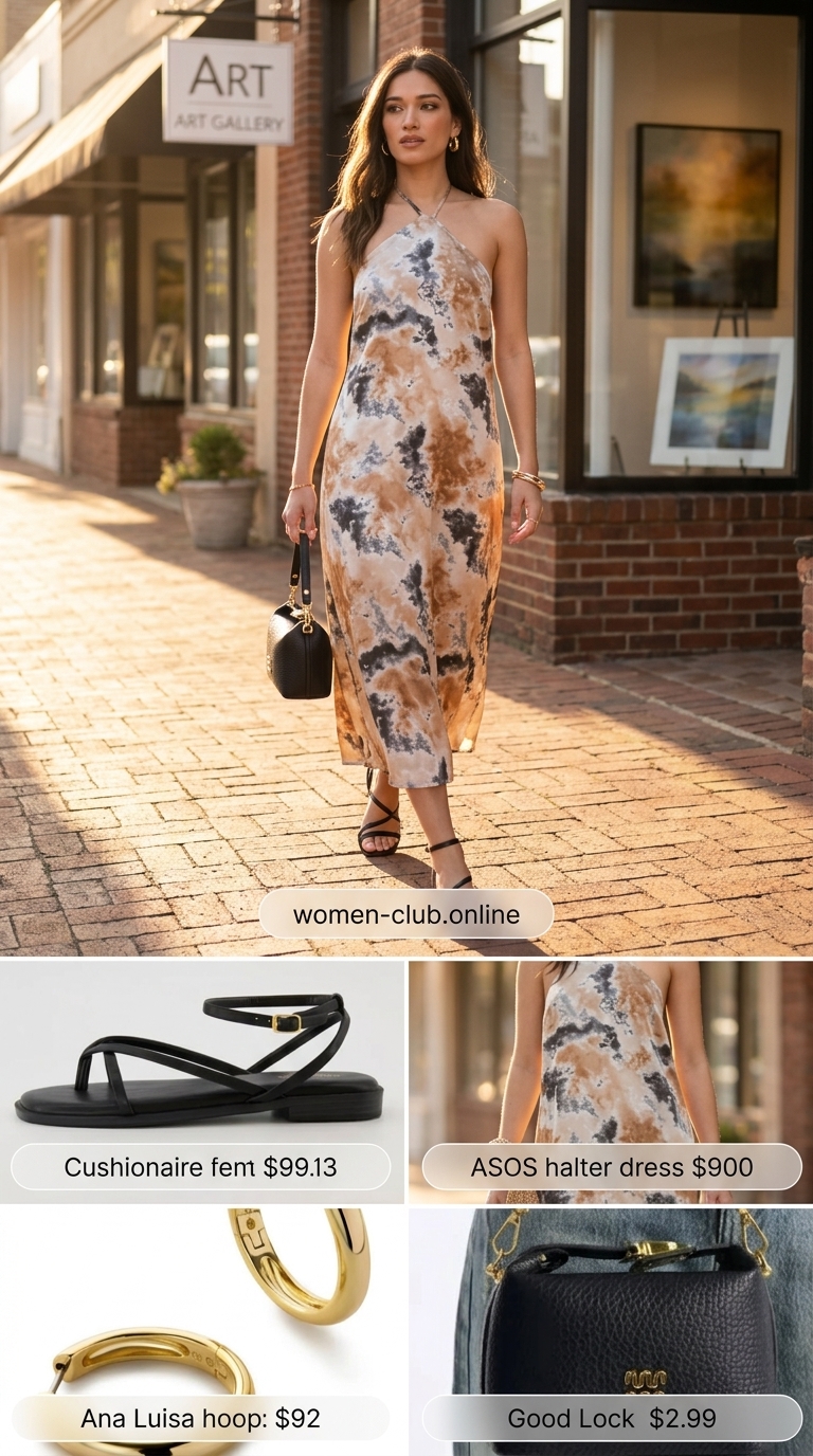 Abstract print halter maxi dress 2026 for art fairs, with black flats and a shoulder bag.