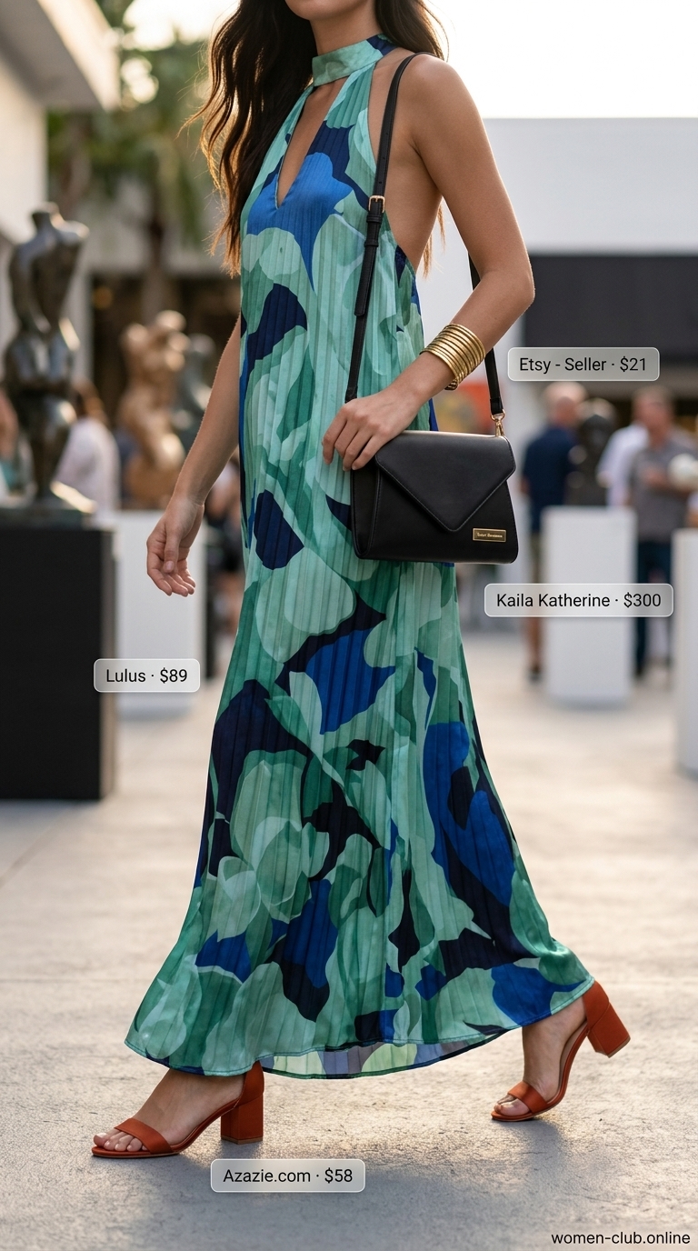 Creative halter summer flowy maxi dresses 2026 with abstract print for art fairs or gallery openings.