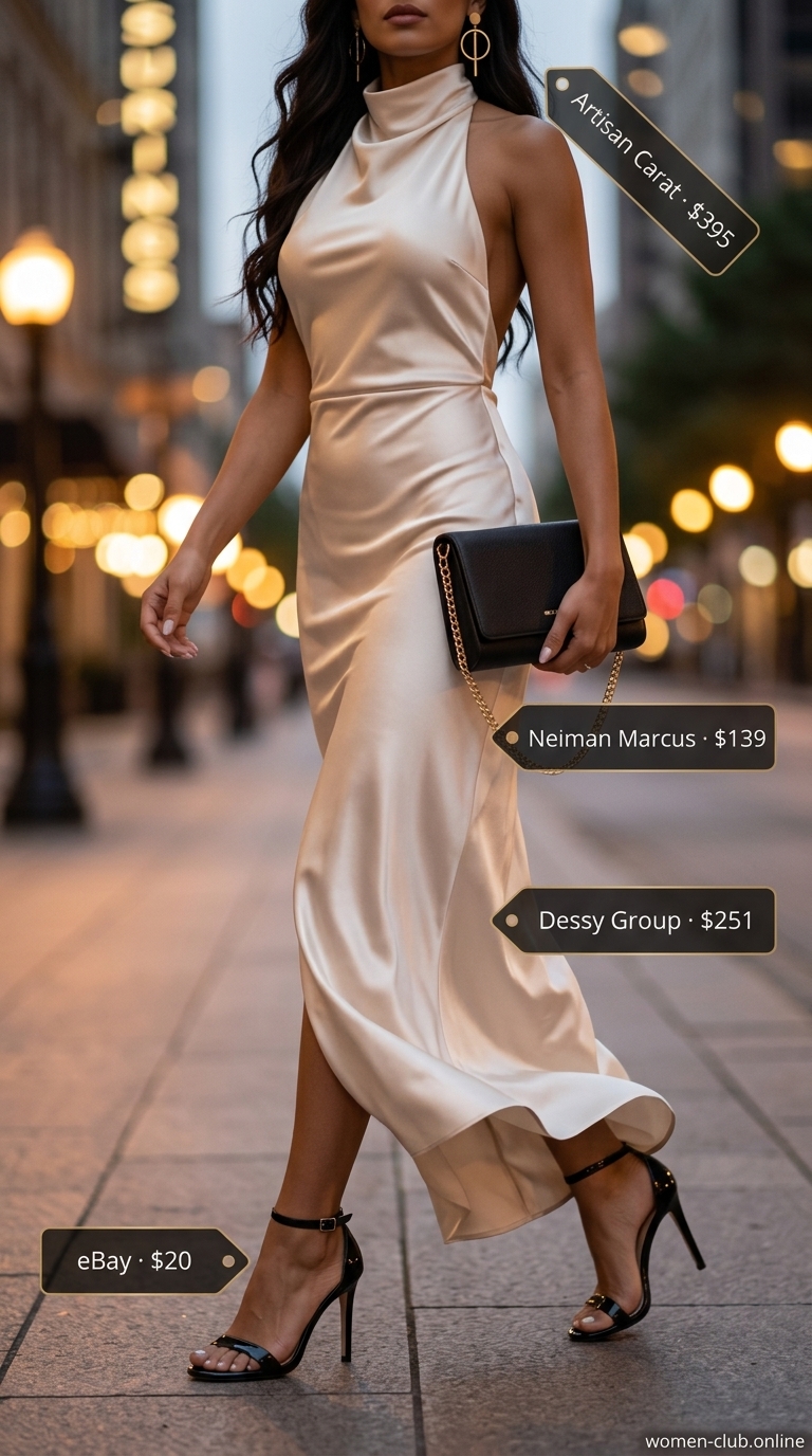 Ecru cowl neck halter maxi dress 2026 for city soirees, with black stilettos and a clutch.