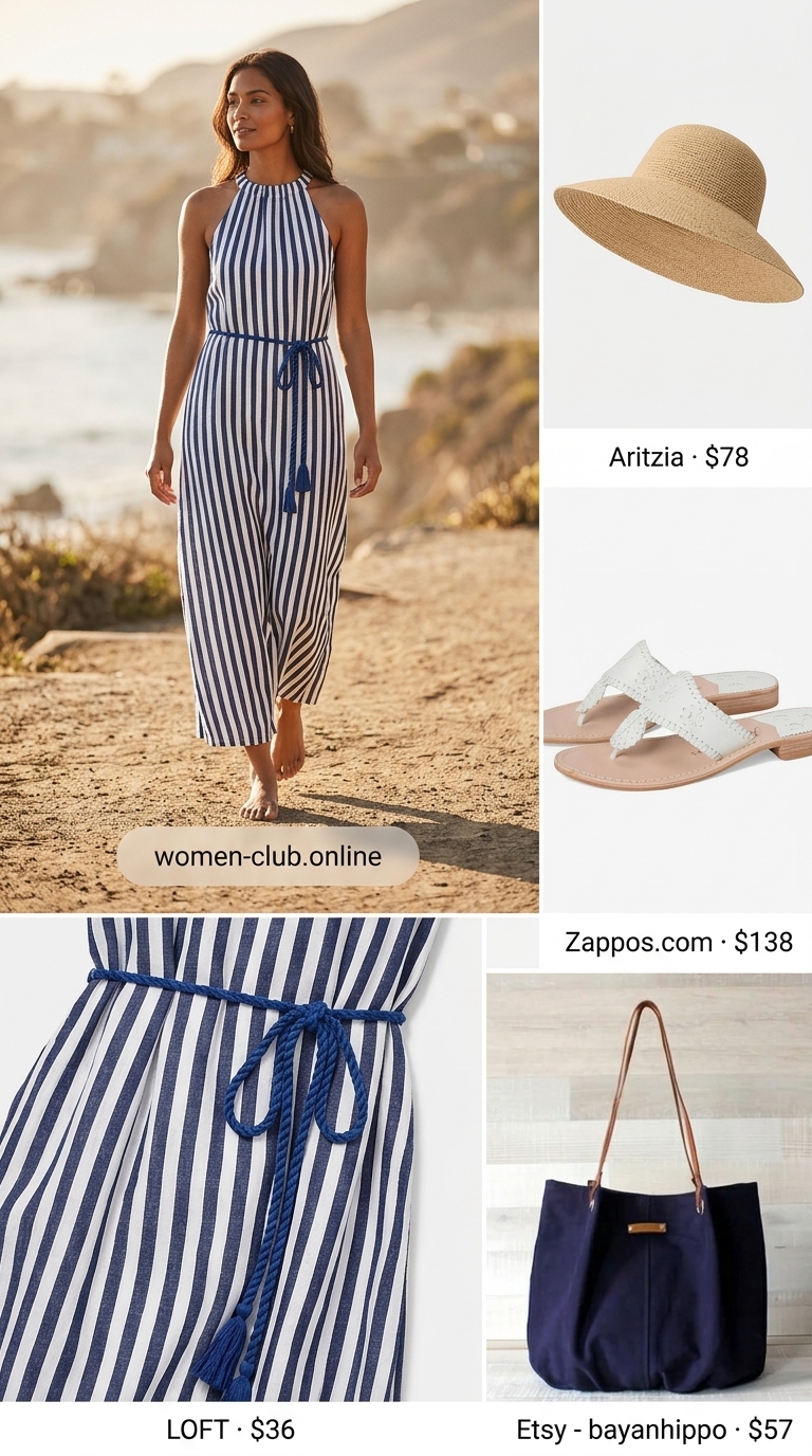 Navy and white stripe halter maxi dress 2026 for coastal cruises, with white sandals and a straw hat.
