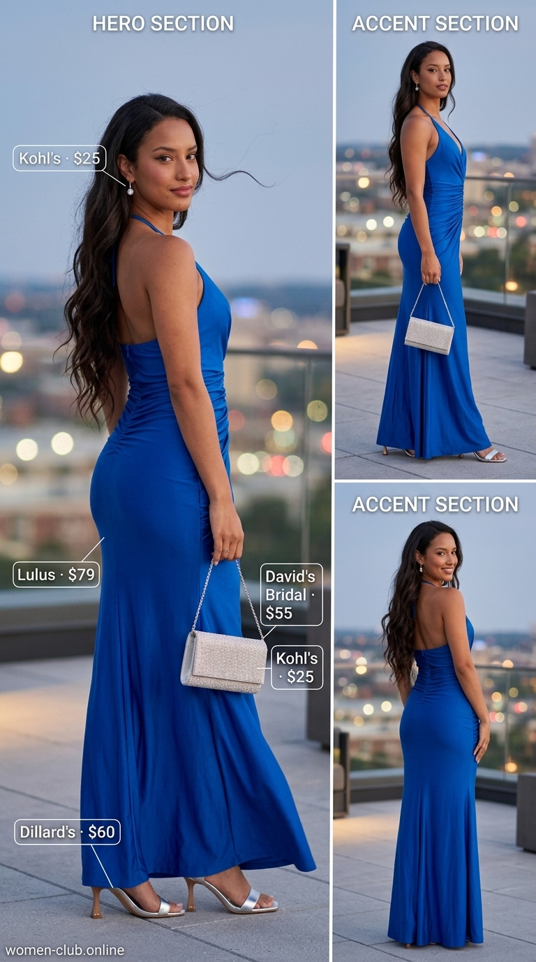 Glamorous halter summer flowy maxi dresses 2026 in cobalt blue for summer wedding guest or formal dinner.