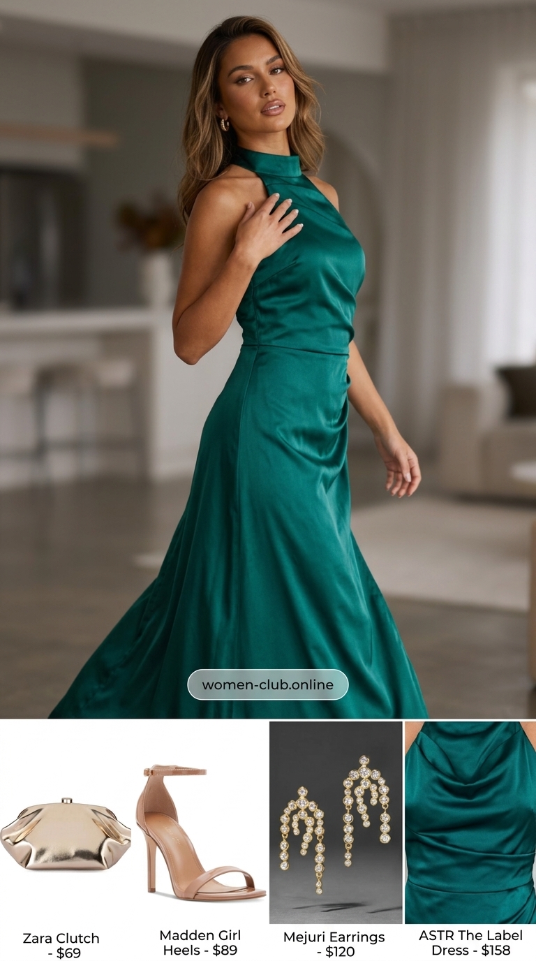 Luxurious halter summer flowy maxi dresses 2026 in emerald green for summer parties or formal events.