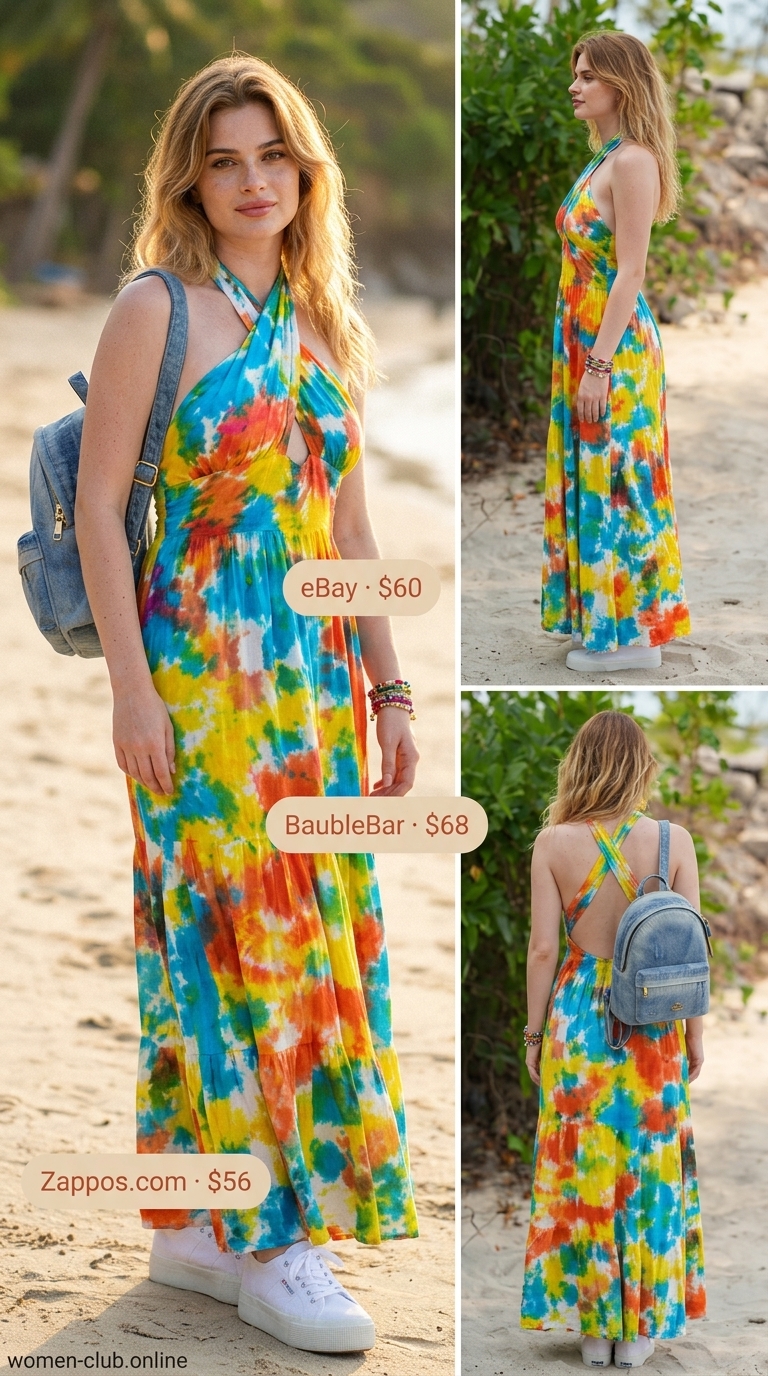 Rainbow tie-dye halter maxi dress 2026 for festivals, with platform sneakers and a denim backpack.