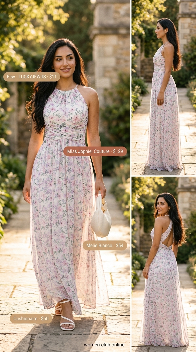 Lavender floral halter maxi dress 2026 for garden parties, with block heels and a mini top-handle bag.