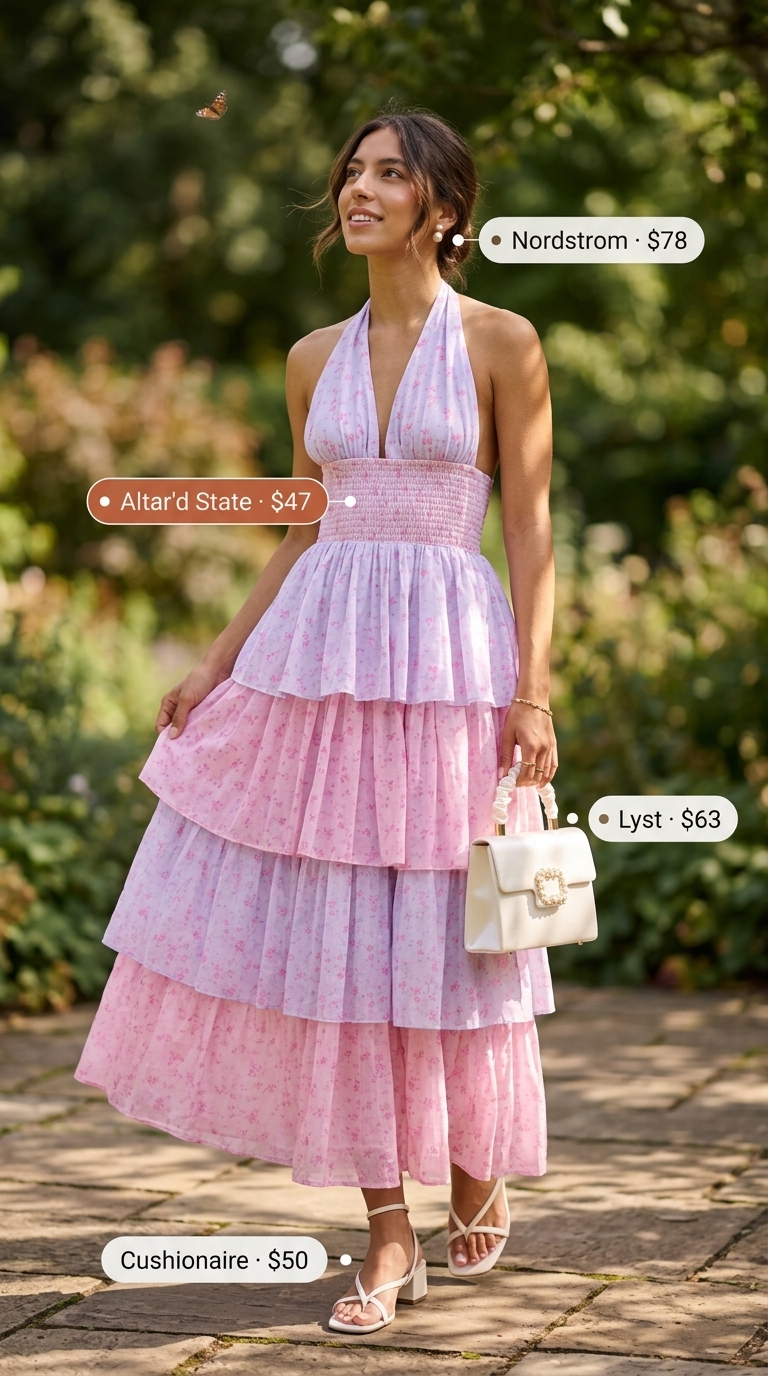 Feminine halter summer flowy maxi dresses 2026 in lavender floral print for garden parties or summer weddings.