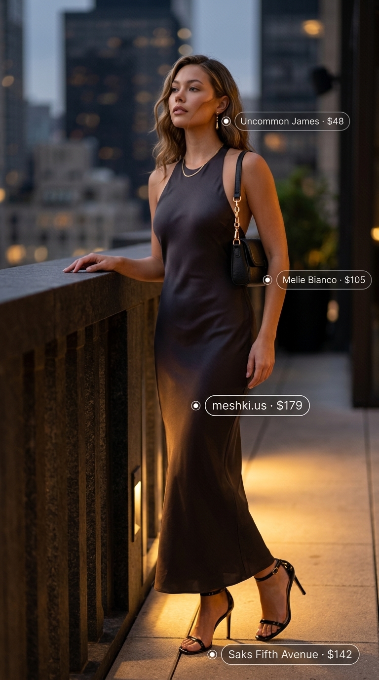 Chic halter summer flowy maxi dresses 2026 in black satin for evening date night or a summer gala.