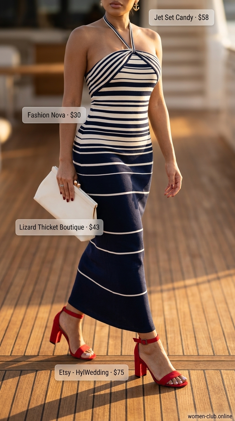 Nautical halter summer flowy maxi dresses 2026 in navy stripe for yacht parties or coastal dinners.
