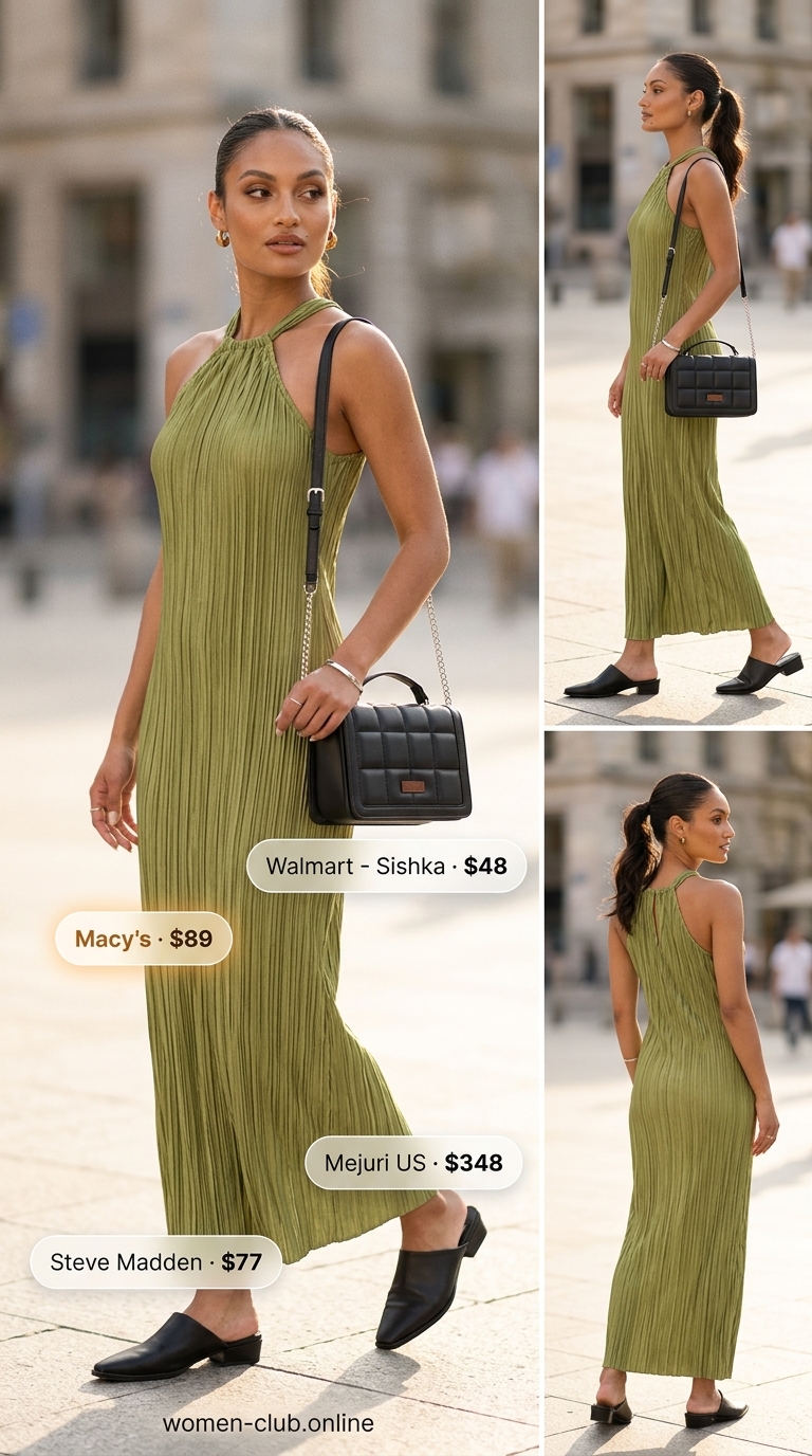 Edgy halter summer flowy maxi dresses 2026 in olive green for city brunch or gallery openings.