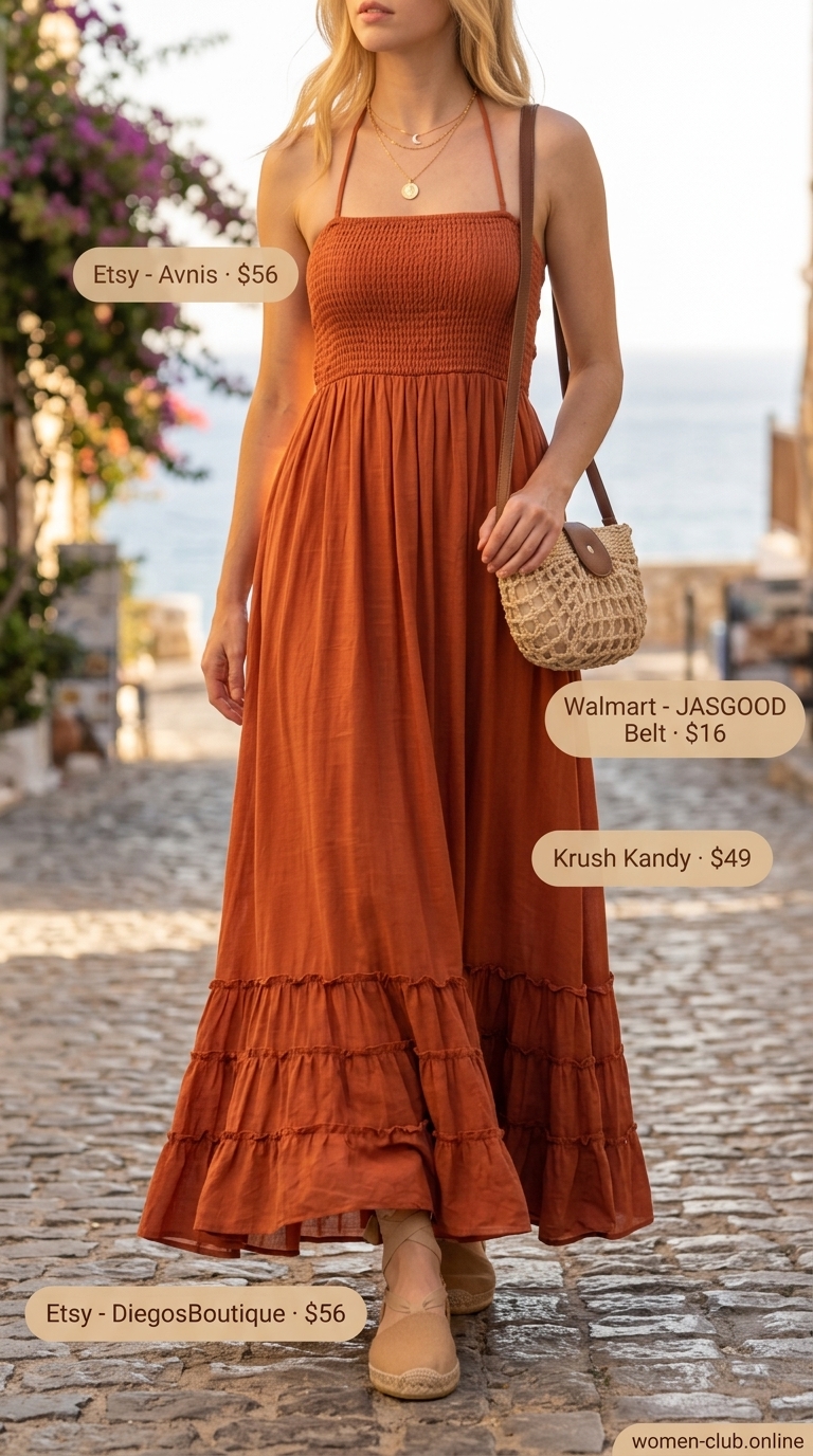 Bohemian halter summer flowy maxi dresses 2026 in terracotta orange for beach vacations or casual outings.
