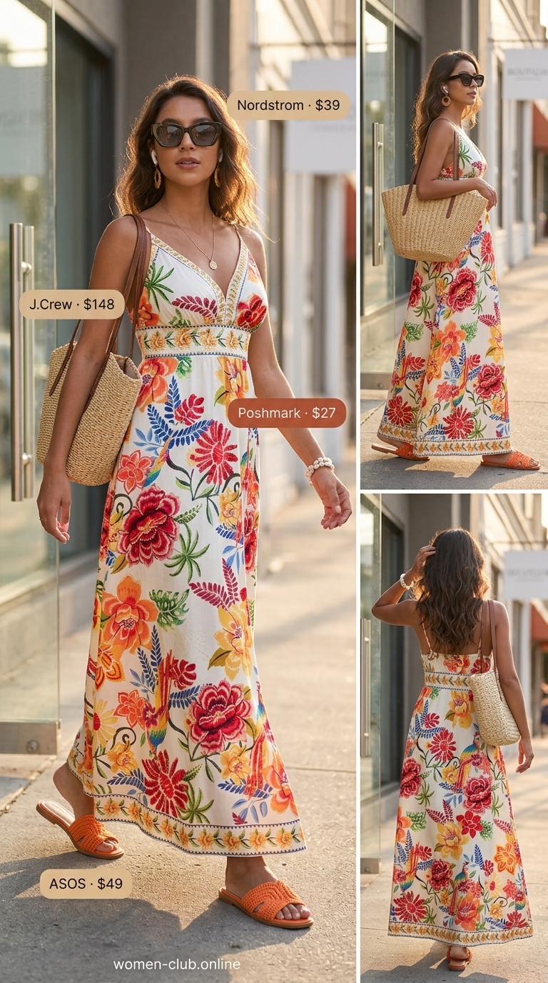 Fuchsia floral halter maxi dress 2026 for tropical islands, with slide sandals and a straw tote.