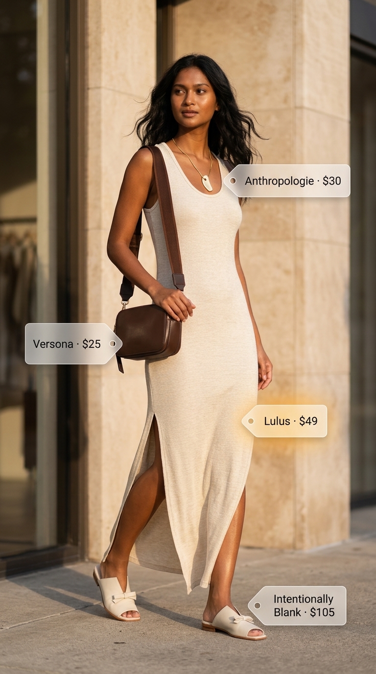 Beige ribbed knit halter maxi dress 2026 for understated urban chic, paired with flat mules and a crossbody bag.