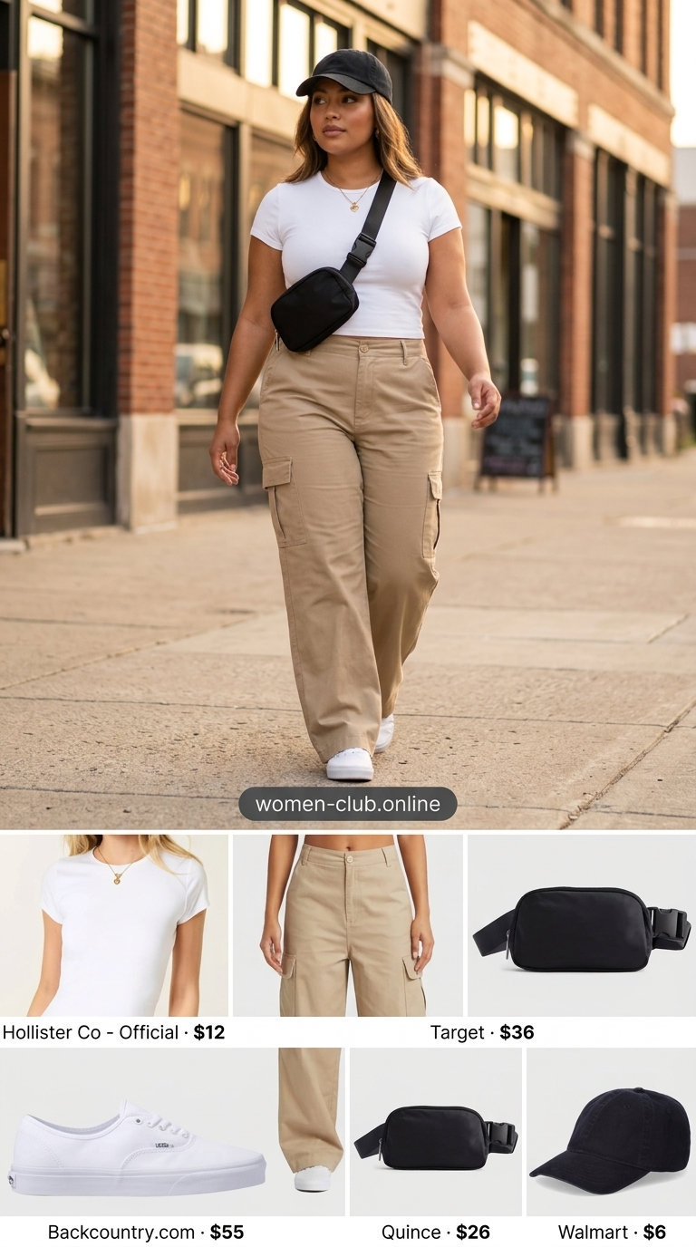 Khaki high waist summer pants for women 2026 styled with a white tee, black cap, and belt bag for a casual look.