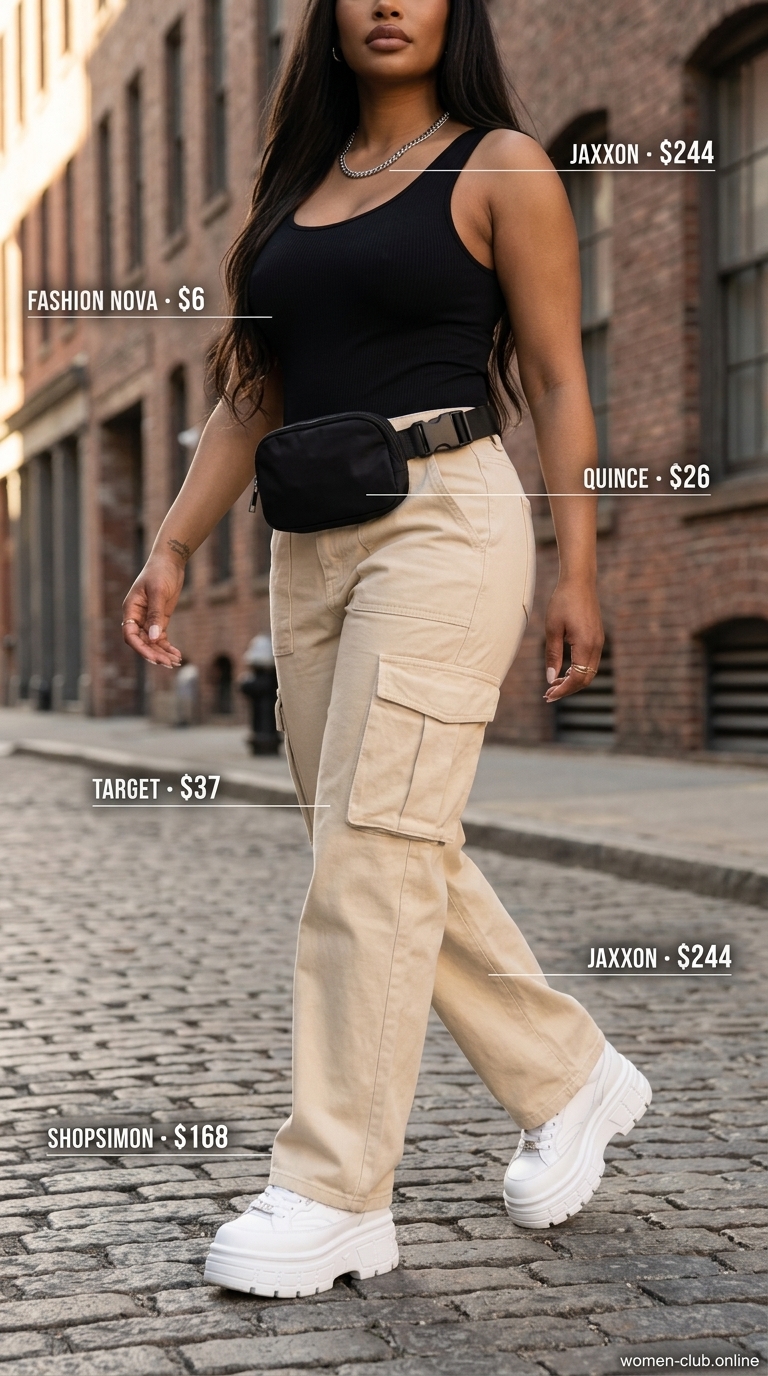 Beige high waist summer pants for women 2026 styled with a black bodysuit, chain necklace, and chunky sneakers.