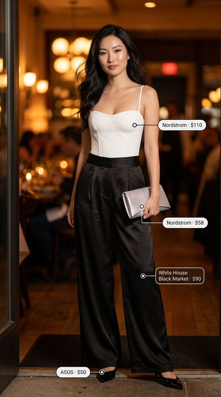 Black satin wide-leg high waist summer pants for women 2026 styled with a corset top and silver accessories.