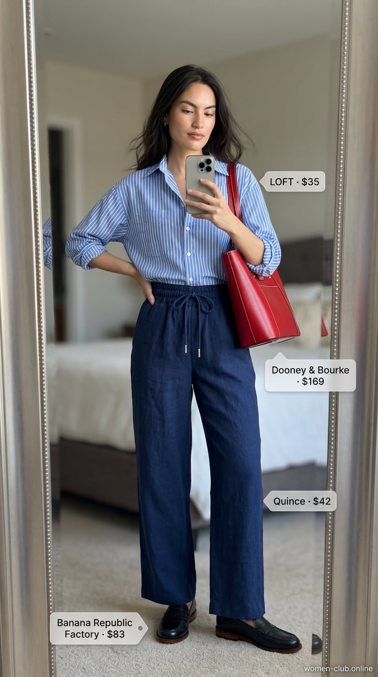 Navy and white striped shirt with black loafers and red tote for city sightseeing.