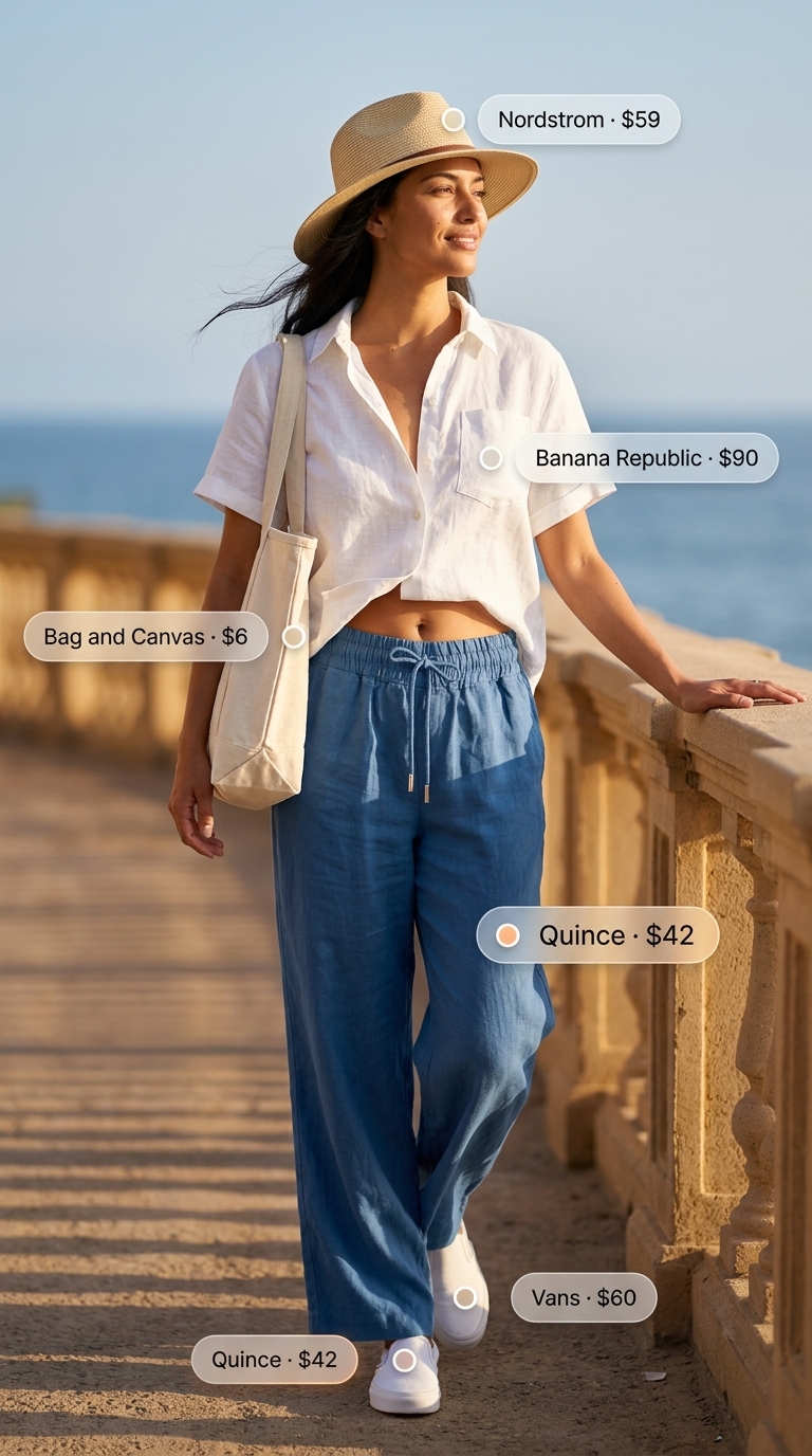 Sky blue high waist summer pants for women 2026 paired with a white linen top and straw hat for a coastal casual look.